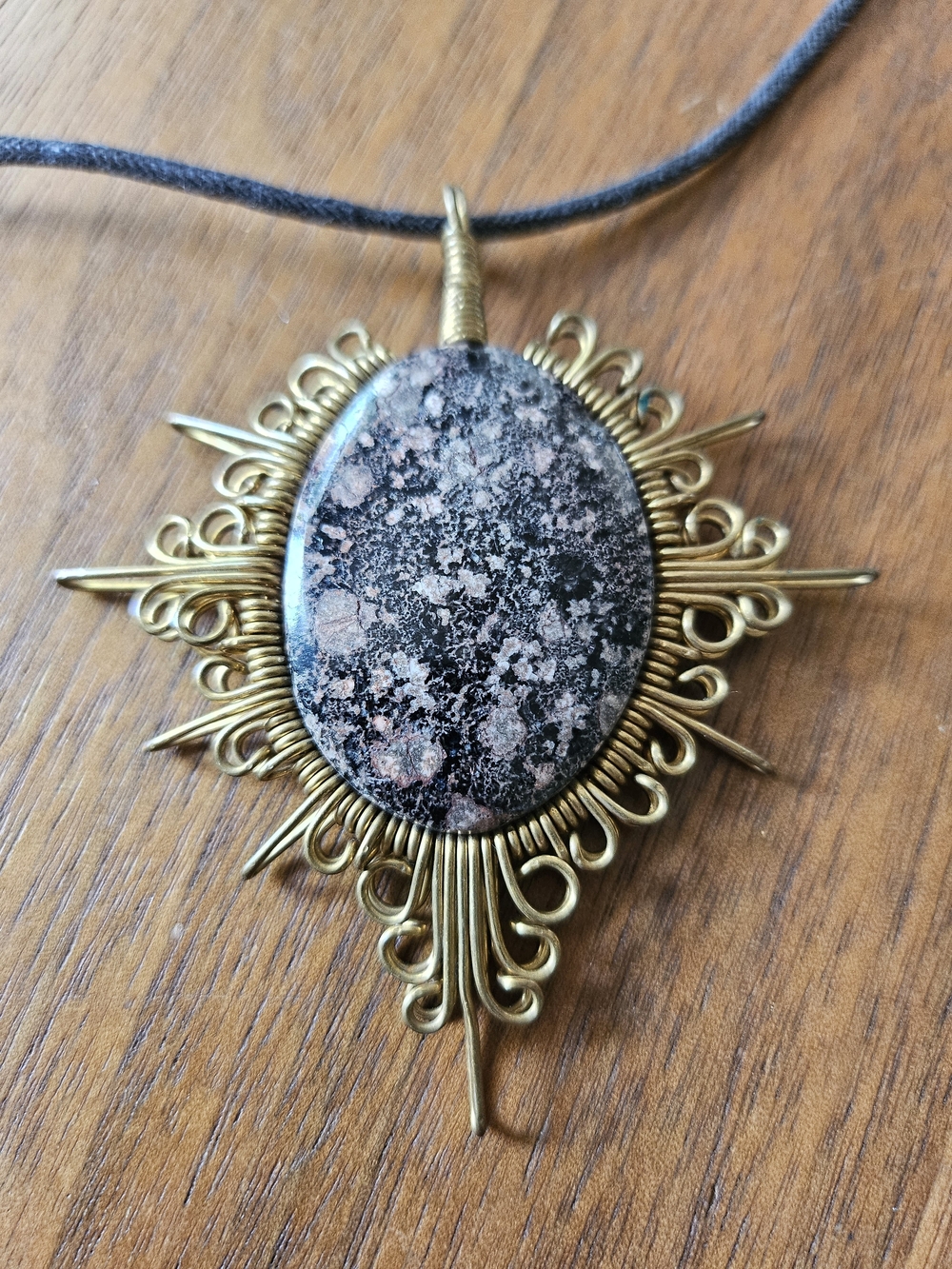Black Pink Rhodonite Crystal Natural Stone Sunburst Pendant Wire Wrapped
